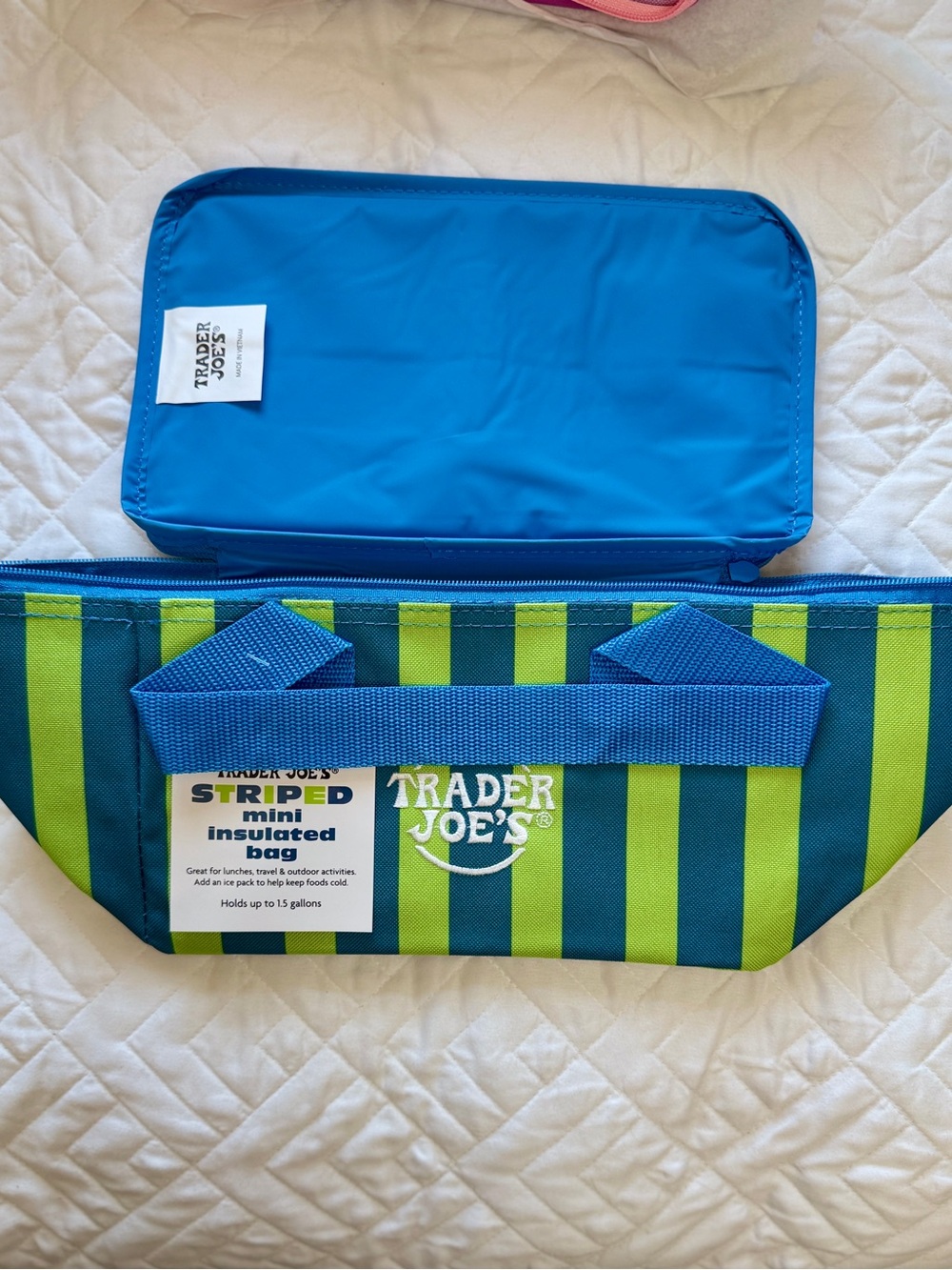 NWT TRADER JOES MINI COOLER TOTE BAG - hot blue striped
